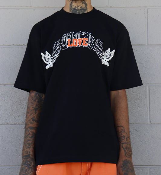 LOVE SUCKS SHOOTERS TEE in BLACK/ORANGE/WHITE