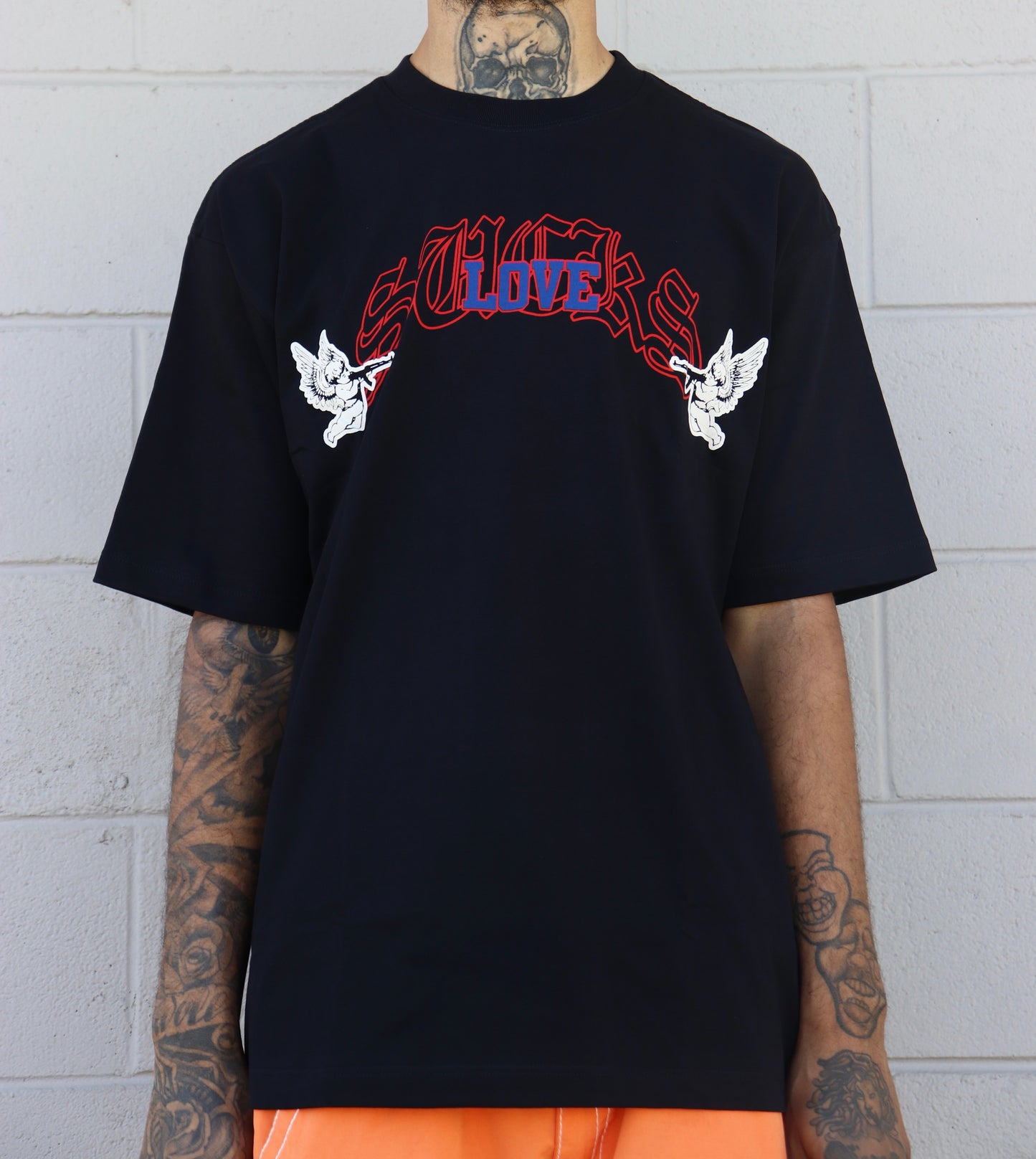 LOVE SUCKS SHOOTERS TEE in BLACK/ROYAL/RED