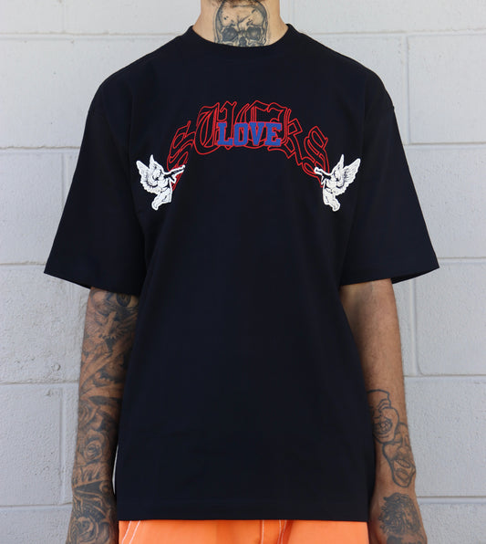 LOVE SUCKS SHOOTERS TEE in BLACK/ROYAL/RED