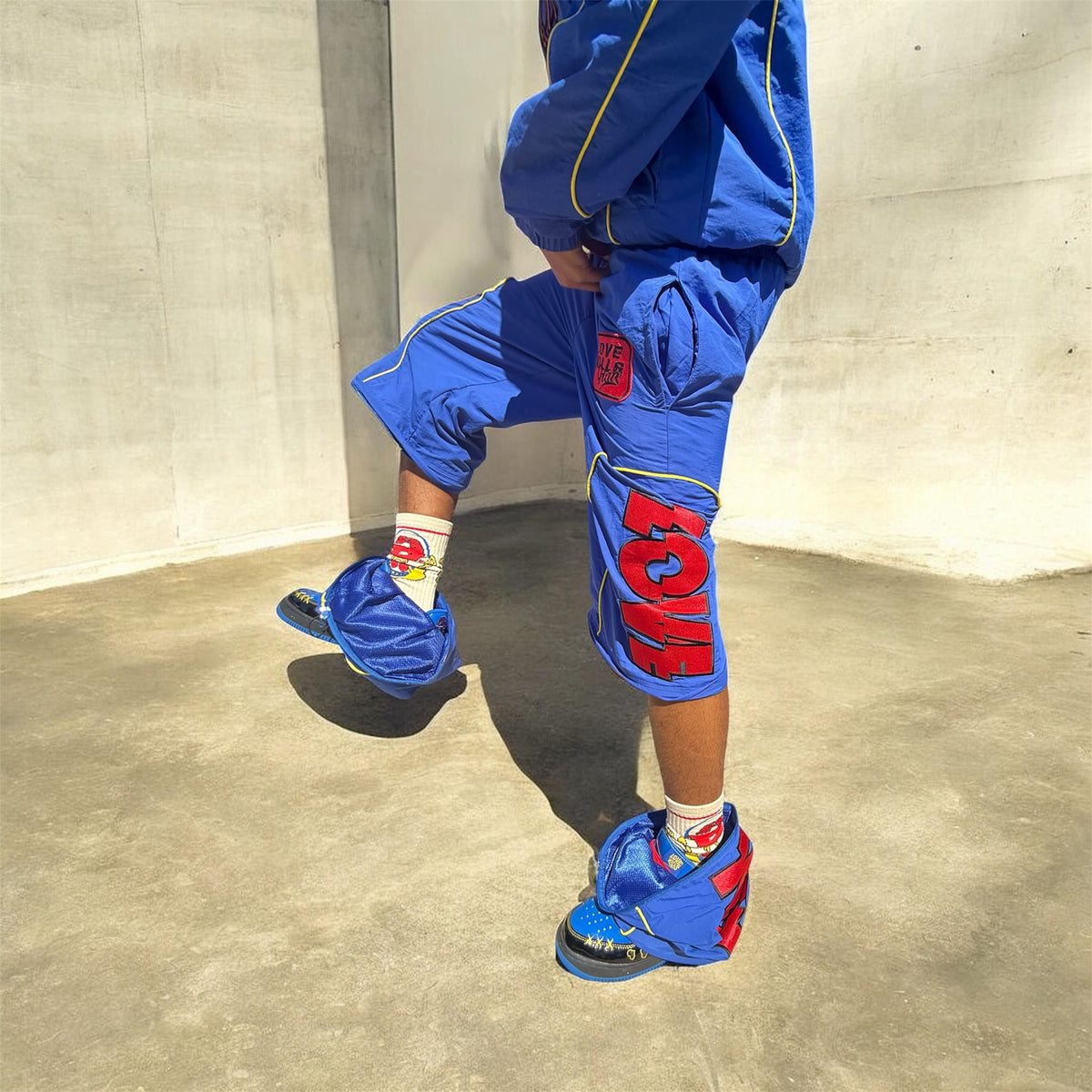 Royal/red/yellow over sized nylon pants/shorts