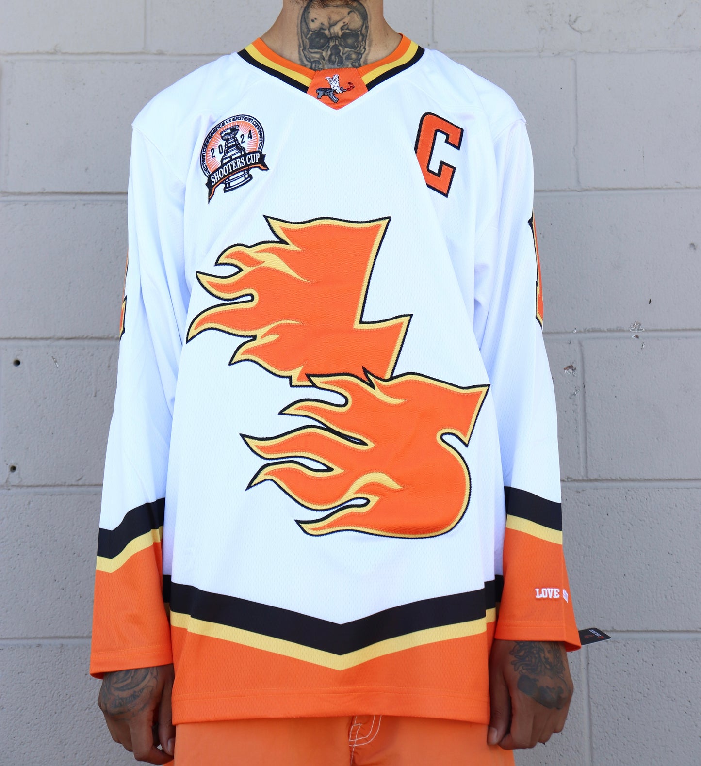 LOVE SUCKS FLAMES HOCKEY JERSEY in WHITE