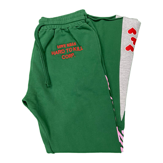 Hard To Kill Stacked SweatPants in Forest Green/Pink/Grey