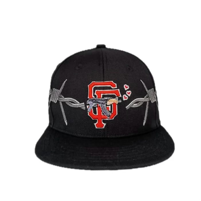 LOVE SUCKS BARBWIRE FITTED CAP in BLACK/RED