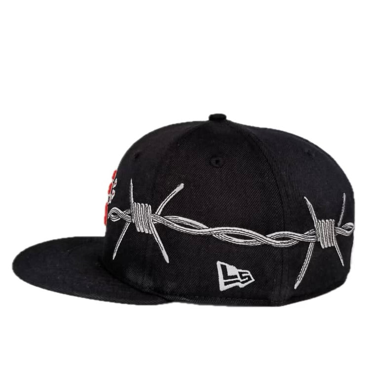 LOVE SUCKS BARBWIRE FITTED CAP in BLACK/RED