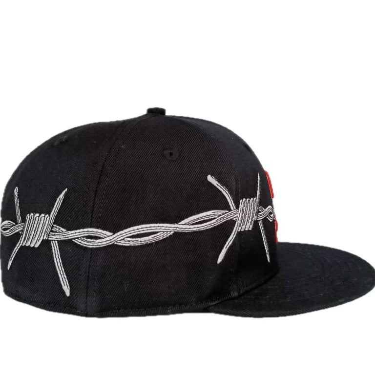 LOVE SUCKS BARBWIRE FITTED CAP in BLACK/RED